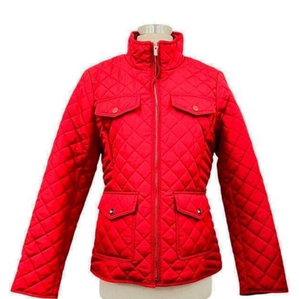 Tommy Hilfiger Womens Red Diamond Quilted Full Zip Jacket Size S New